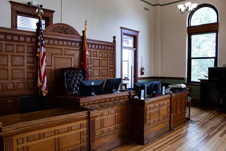 Courtroom interior where surplus fund claims are filed